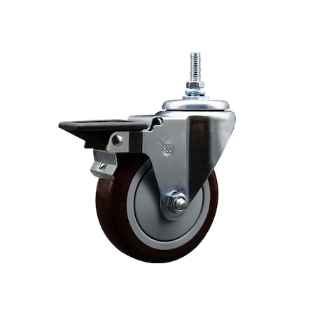 Service Caster 4 Inch Maroon Polyurethane 38 Inch Threaded Stem Caster with Brake SCC-TS20S414-PPUB-MRN-PLB-381615
